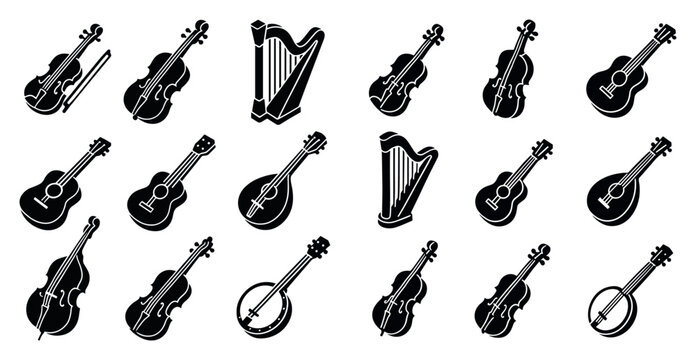 Music icons with violin harp guitar bold