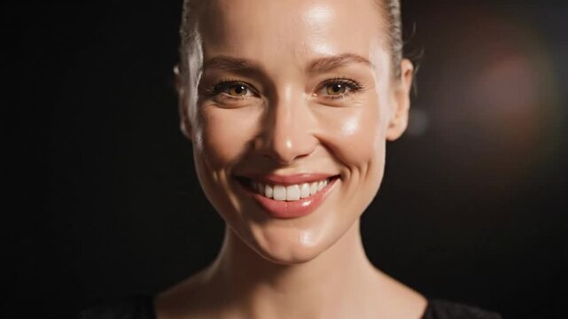 Beautiful woman smiling at the camera with a perfect smile against a black background