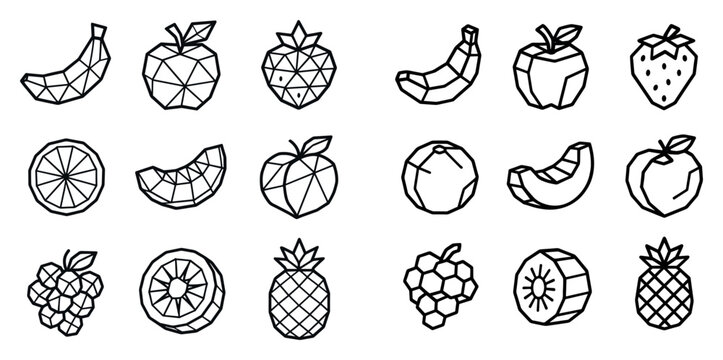 Fruit icons with banana apple strawberry geometric