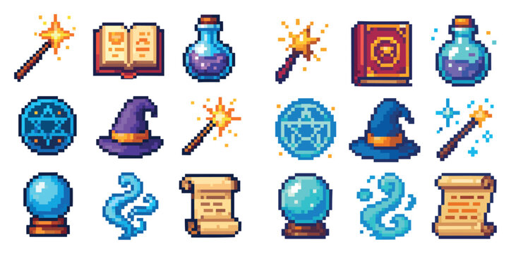 Magic icons with wand potion crystal ball pixel