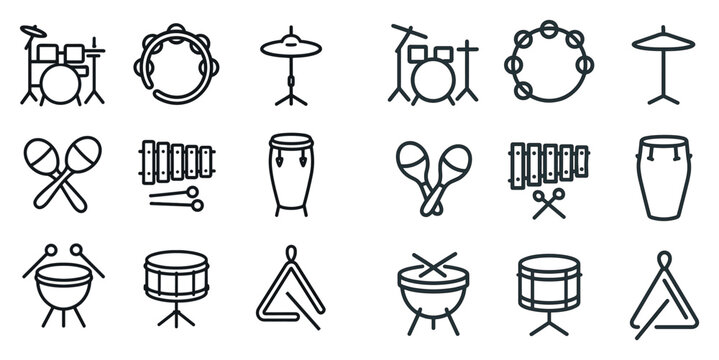 Music icons with drum kit tambourine maracas outline