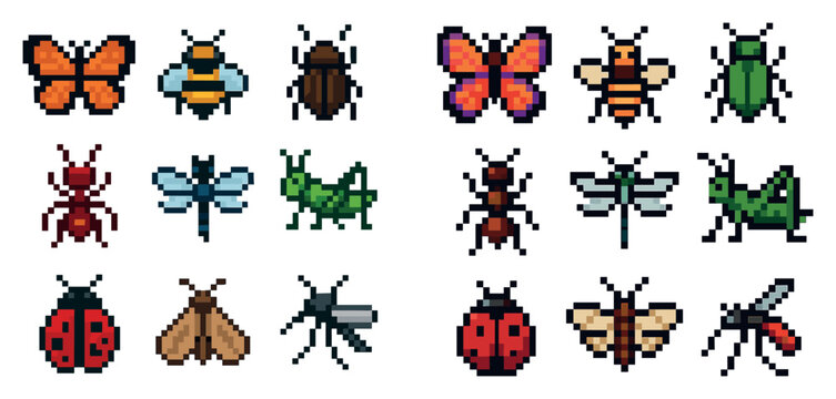 Nature icons with butterfly bee beetle pixel