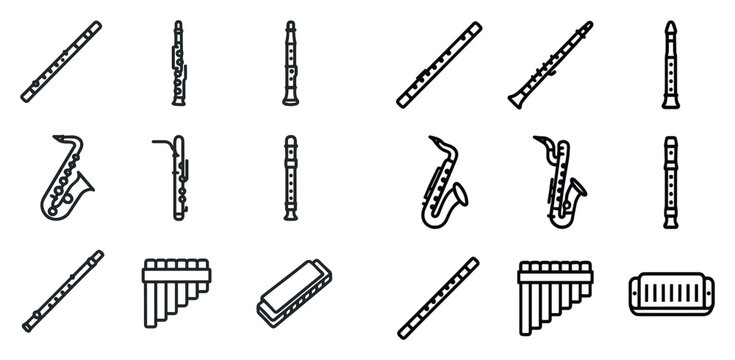 Music icons with flute saxophone harmonica outline