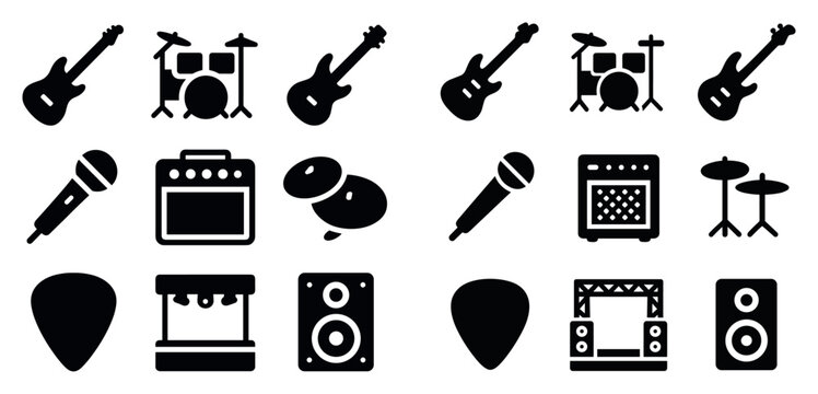 Music icons with guitar drum microphone minimalist