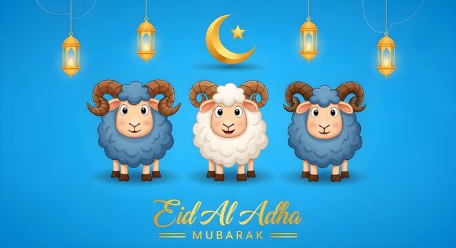Eid Al Adha Mubarak greeting card, cute cartoon sheep and rams on blue background, Islamic festival celebration with golden lanterns and crescent moon