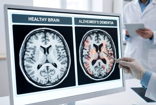Doctor pointing at brain scan dementia research results on monitor comparing healthy brain and Alzheimer's disease for medical training and neurology presentation