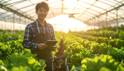 Obraz premium Young Japanese farmer with tablet in sunny greenhouse smart agriculture precision farming