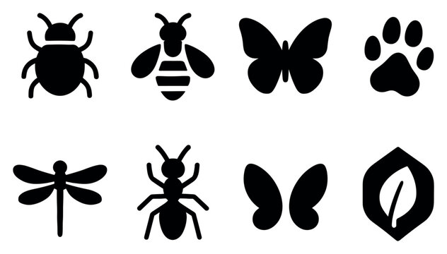Nature icons with beetle bee butterfly silhouette