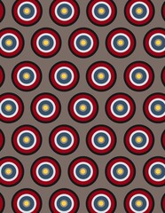 Fototapeta premium Retro concentric circle pattern with red, blue, yellow and gray tones on neutral background, stylish seamless design ideal for wallpapers, fabric, and branding.