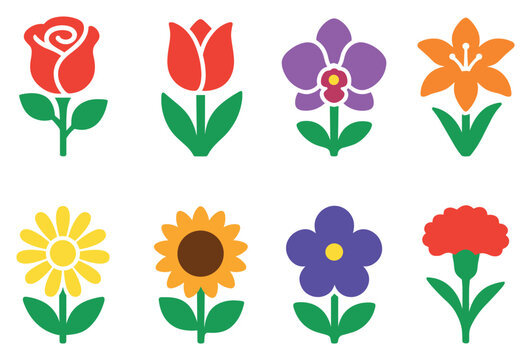 Floral icons with rose and tulip flat