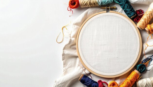 白い布の上に木製刺繍フープを囲むようにカラフルな糸巻きが並ぶ刺繍ワークスペースのフラットレイ背景