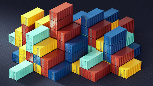 Stacked shipping containers forming geometric steps on dark grid