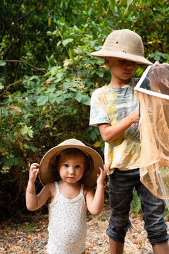 little kids bee-keeping in the forest