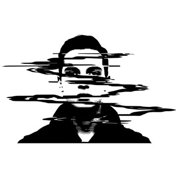 Glitch portrait of a person in black and white, distorted digital effect