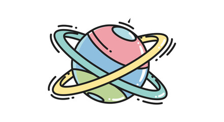 Colorful cartoon planet with rings orbiting. © Ferry