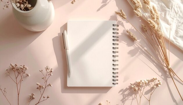 A minimalist flat lay of a white spiral notebook and pen on a light pink background with dried flowers and natural light shadows.