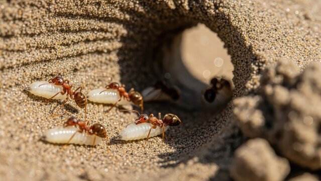 Ants carrying larvae to their nest entrance, macro photography of insect colony teamwork