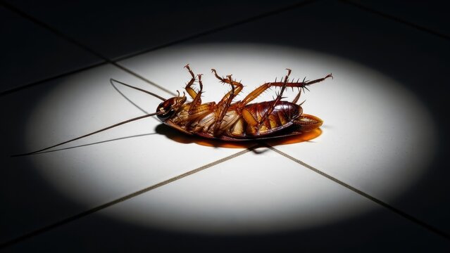 Dead Cockroach Upside Down on Tiled Floor Under Spotlight