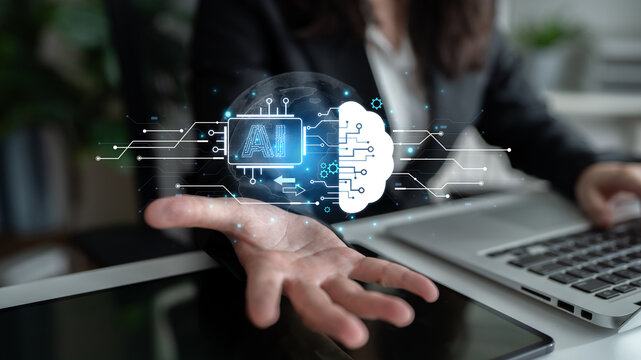 Concept of artificial intelligence and machine learning. A central processor transfers information to a cloud brain, representing a global neural network and deep learning. Fermion