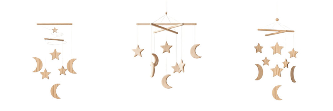 Set of Celestial Baby Mobile Hanging Decoration with Wooden Moon and Stars Isolated on White Background, PNG