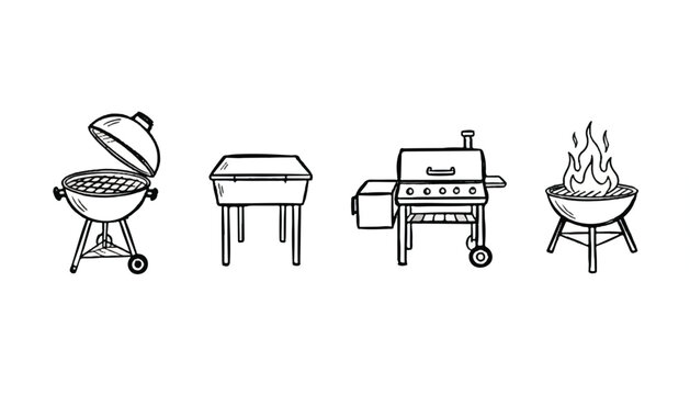 Collection of barbecue grills in sketch style with barbecue grilling illustration collection equipment appliance appetizing backyard charcoal