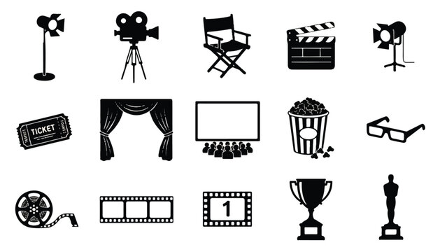 Collection of hand-drawn cinema and movie icons with film strip black and white collection illustration entertainment hollywood projector