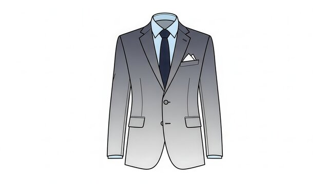 Elegant grey menswear suit jacket illustration with shirt tie and pocket square on white background