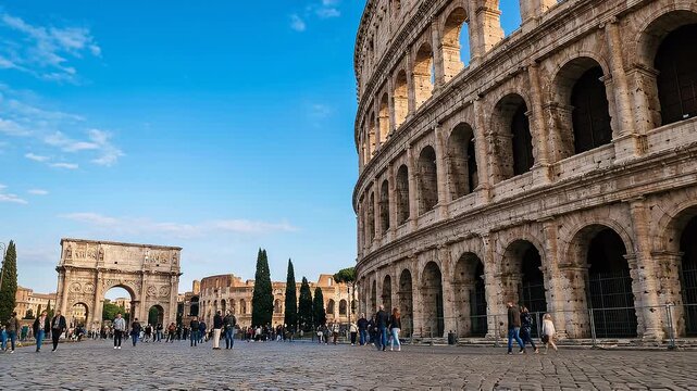 Ancient Roman Colosseum and Arch of Constantine under a clear blue sky.