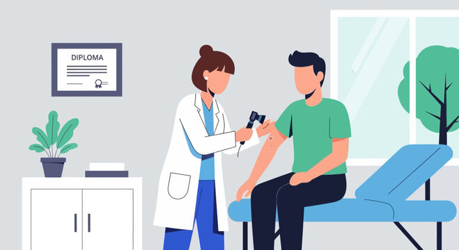 Doctor examining patient's arm with otoscope in clinic examination room