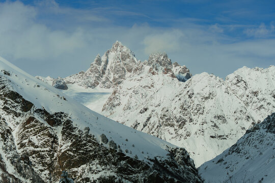 Ushba mountain in winter covered in snow 