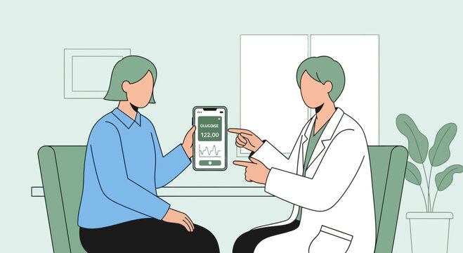 Doctor shows patient glucose monitoring app on phone, discussing health and diabetes management