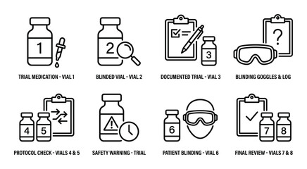 Fototapeta premium Clinical trial icons depicting medication vials blinded samples documentation safety warnings patient consultation.