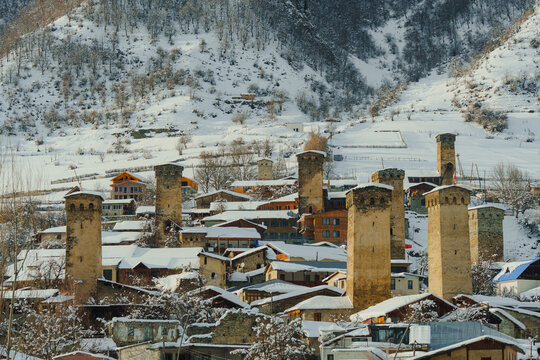 Medieval towers of Mestia village in Georgia in winter 