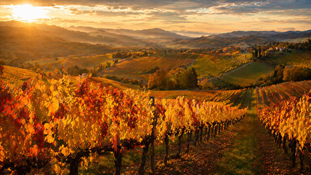 Vinhedo com cachos de uvas maduras e fileiras de parreiras na paisagem rural