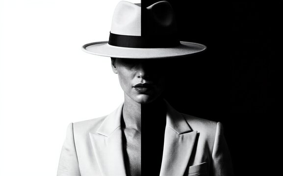 Mysterious woman in white hat and coat half-light half-shadow.