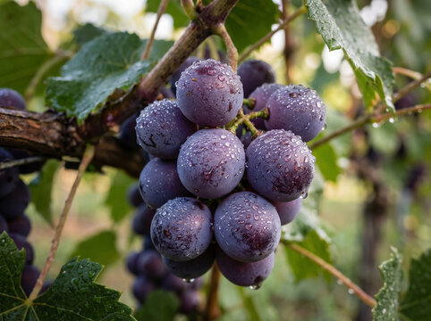 Vinhedo com cachos de uvas maduras e fileiras de parreiras na paisagem rural