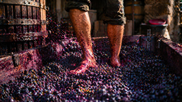 Produ&ccedil;&atilde;o artesanal de vinho em vin&iacute;cola com uvas, barris e adega r&uacute;stica