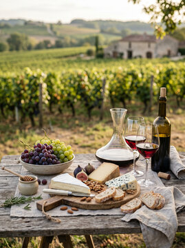 Mesa de degusta&ccedil;&atilde;o com vinho, queijos, p&atilde;es e uvas em vinhedo
