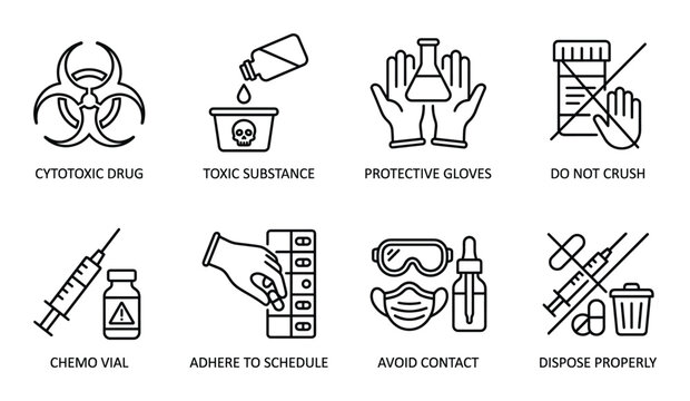 Cytotoxic drug toxic substance protective gloves do not crush chemo vial adhere schedule avoid contact dispose properly medical icons.