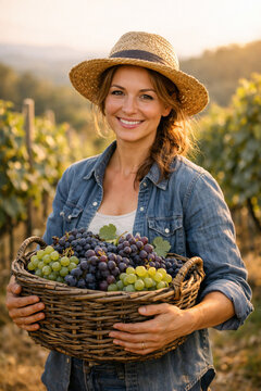 Mulher segurando cesta de uvas em vinhedo