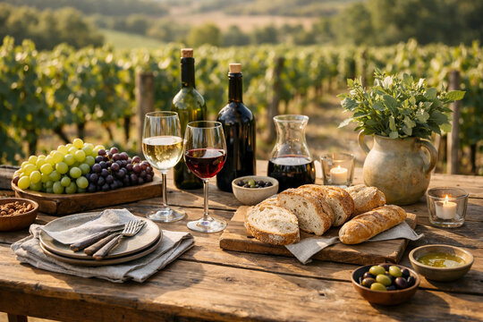Mesa de degusta&ccedil;&atilde;o com vinho, queijos, p&atilde;es e uvas em vinhedo