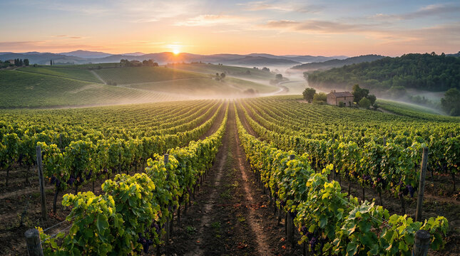 Vinhedo no outono ao p&ocirc;r do sol em colinas