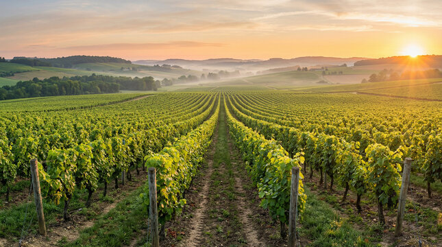 Vinhedo no outono ao p&ocirc;r do sol em colinas