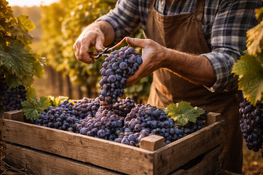 Colheita manual de uvas roxas em vinhedo