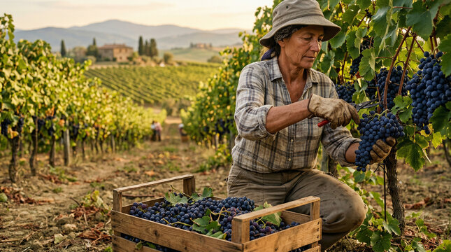 Trabalhadora colhendo uvas em vinhedo rural