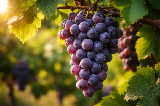 Cacho de uvas roxas maduras na videira