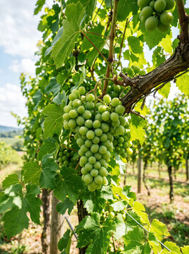 Cacho de uvas verdes crescendo no vinhedo