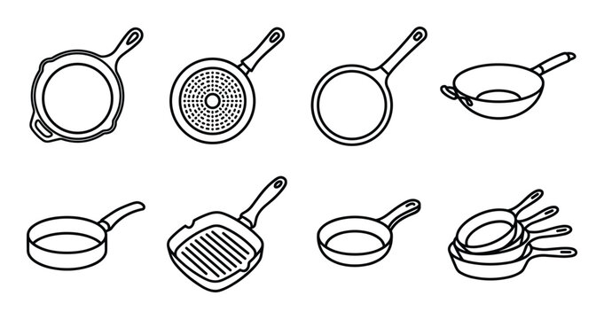 Frying pans and skillets vector icon set cookware for various cooking methods and styles.