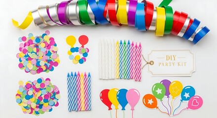 Obraz premium DIY Birthday Party Kit Flat Lay with Colorful Confetti, Striped Candles, Metallic Streamers and Balloon Cutouts on White Background