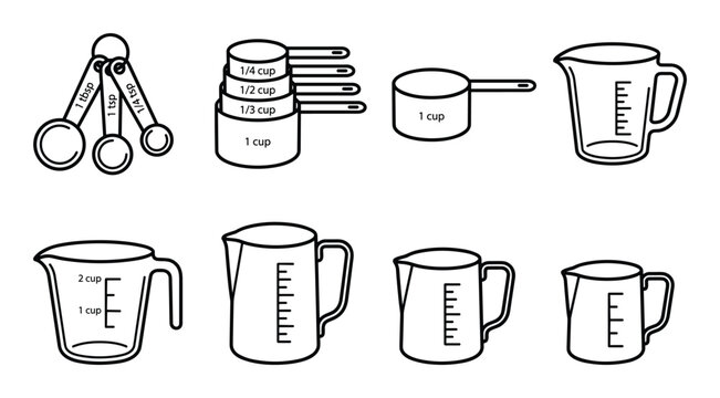 Measuring cups and spoons vector icons set kitchen tools for accurate cooking and baking measurements.